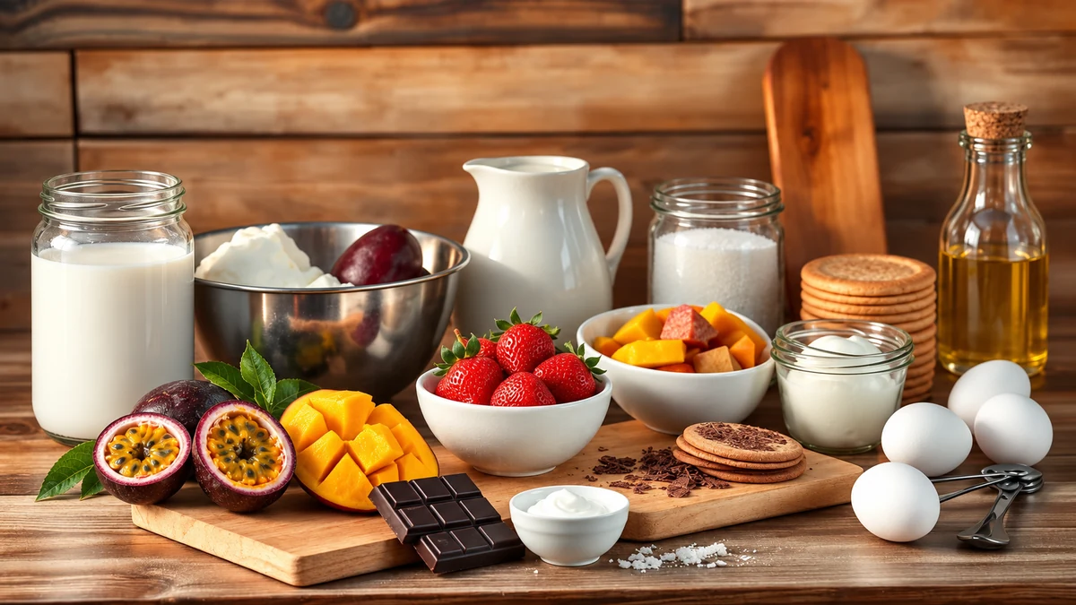 Fresh fruit, cream and milk prepared for chilled Christmas desserts