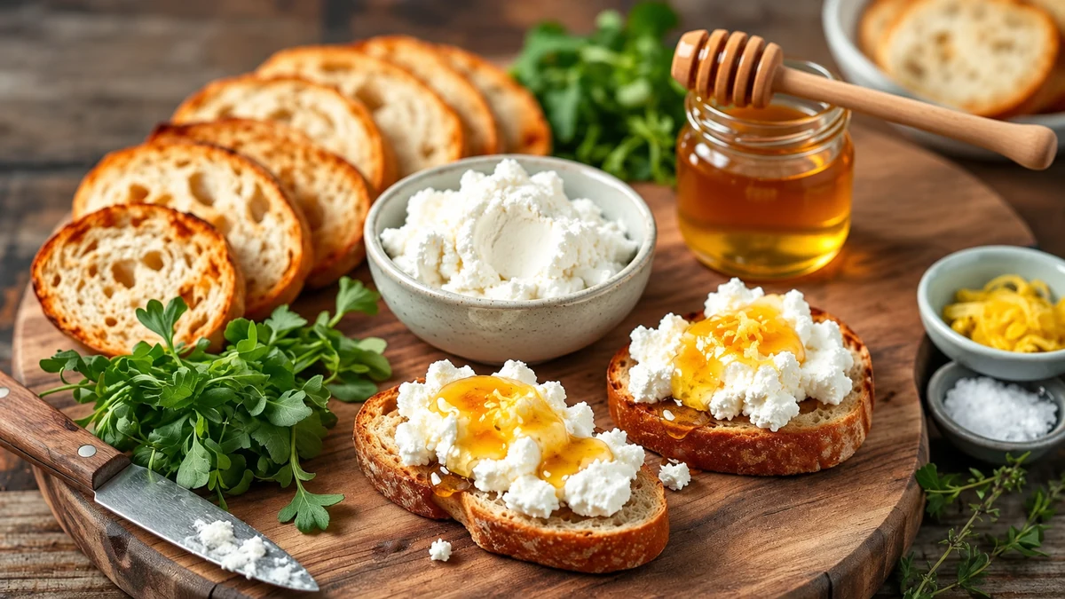Fresh goat's cheese, bread and honey for bruschetta Fresh goat's cheese, bread and honey for bruschetta