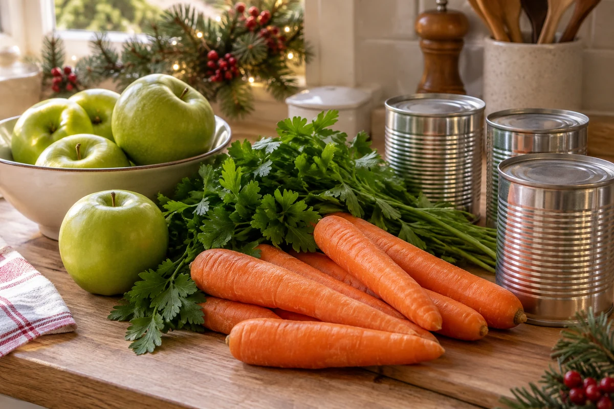 Fresh green apples, carrots, parsley and unopened plain sweetcorn tins on a kitchen counter, no raw poultry