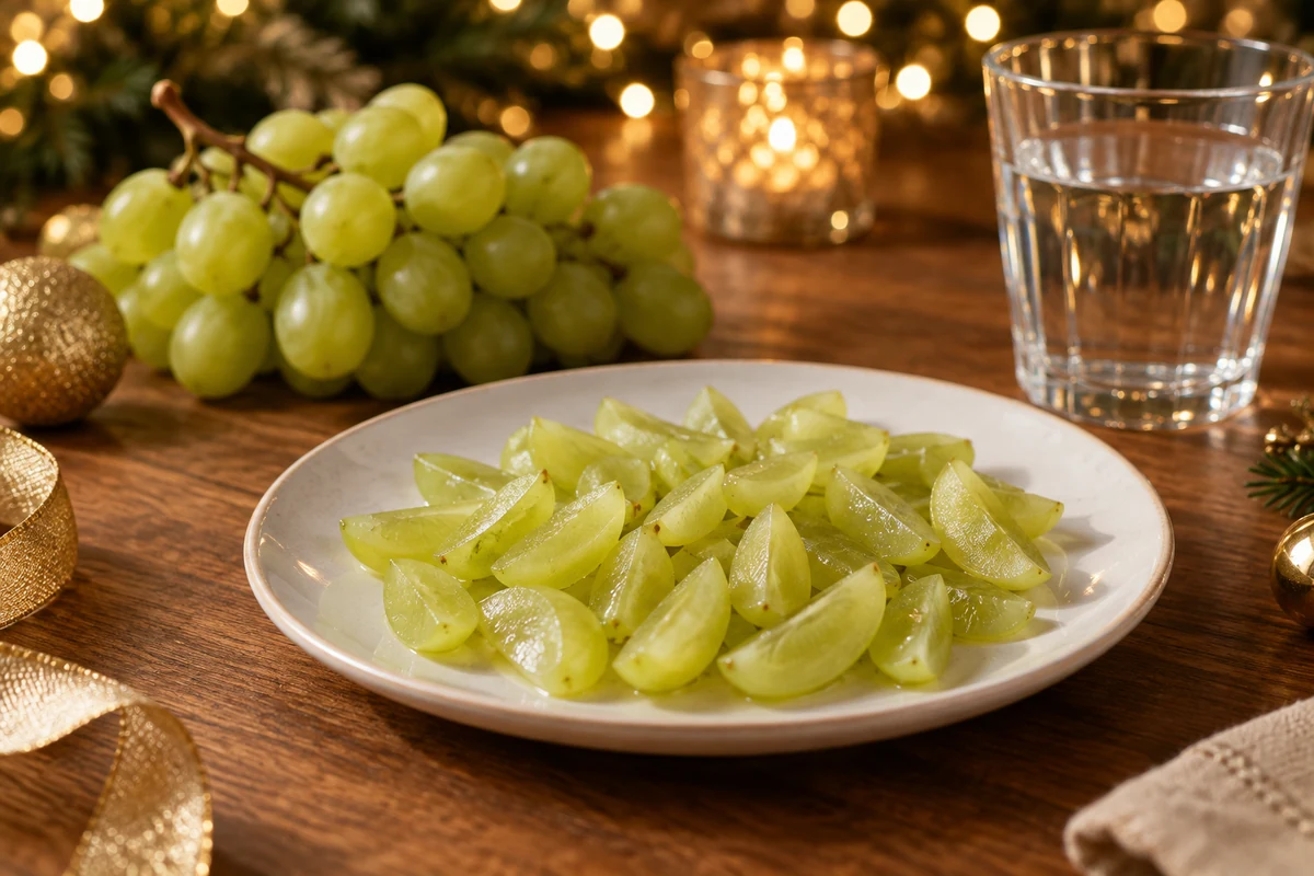 Fresh green grapes quartered lengthways on a plate Fresh green grapes quartered lengthways on a plate