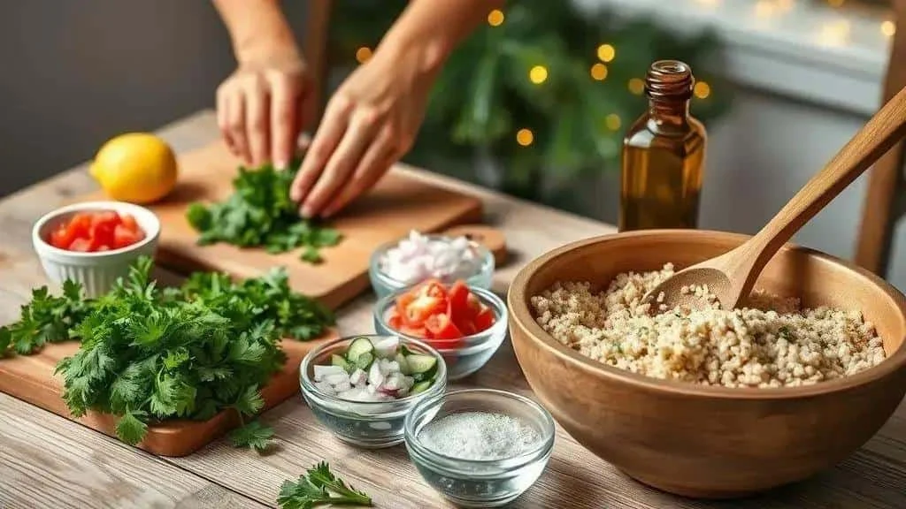 Fresh herbs being prepared for a bowl of tabbouleh