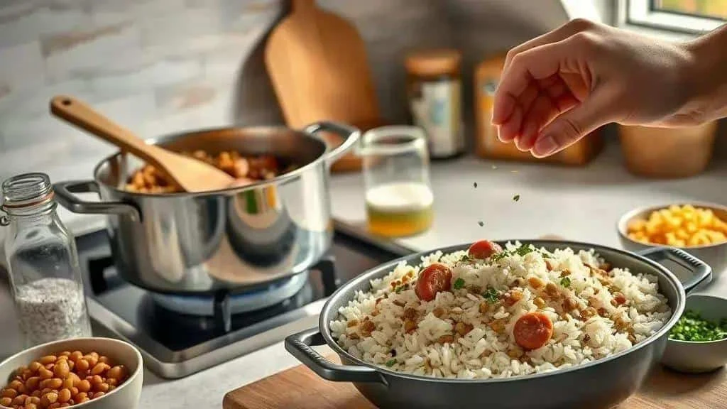 Fresh herbs sprinkled over rice with lentils and sausage