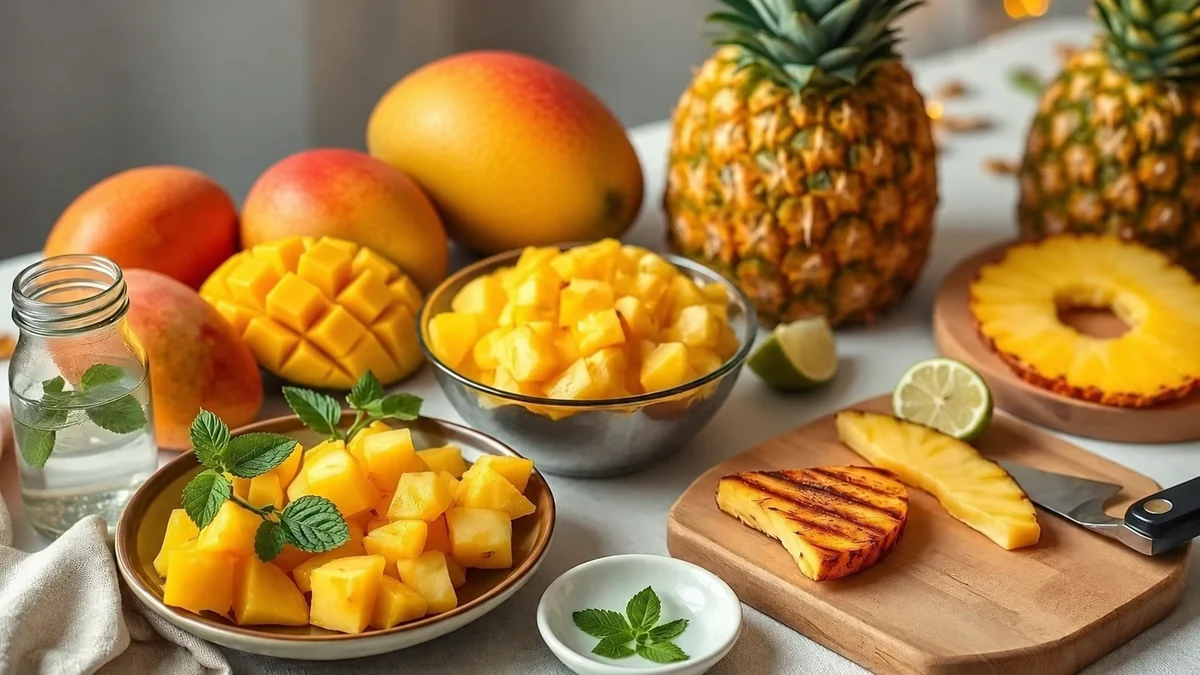 Fresh mango, pineapple and mint on a kitchen worktop Fresh mango, pineapple and mint on a kitchen worktop