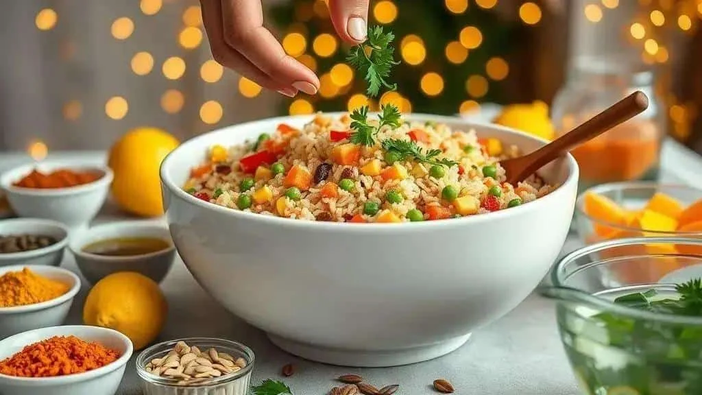 Fresh parsley added to a bowl of colourful vegetable rice