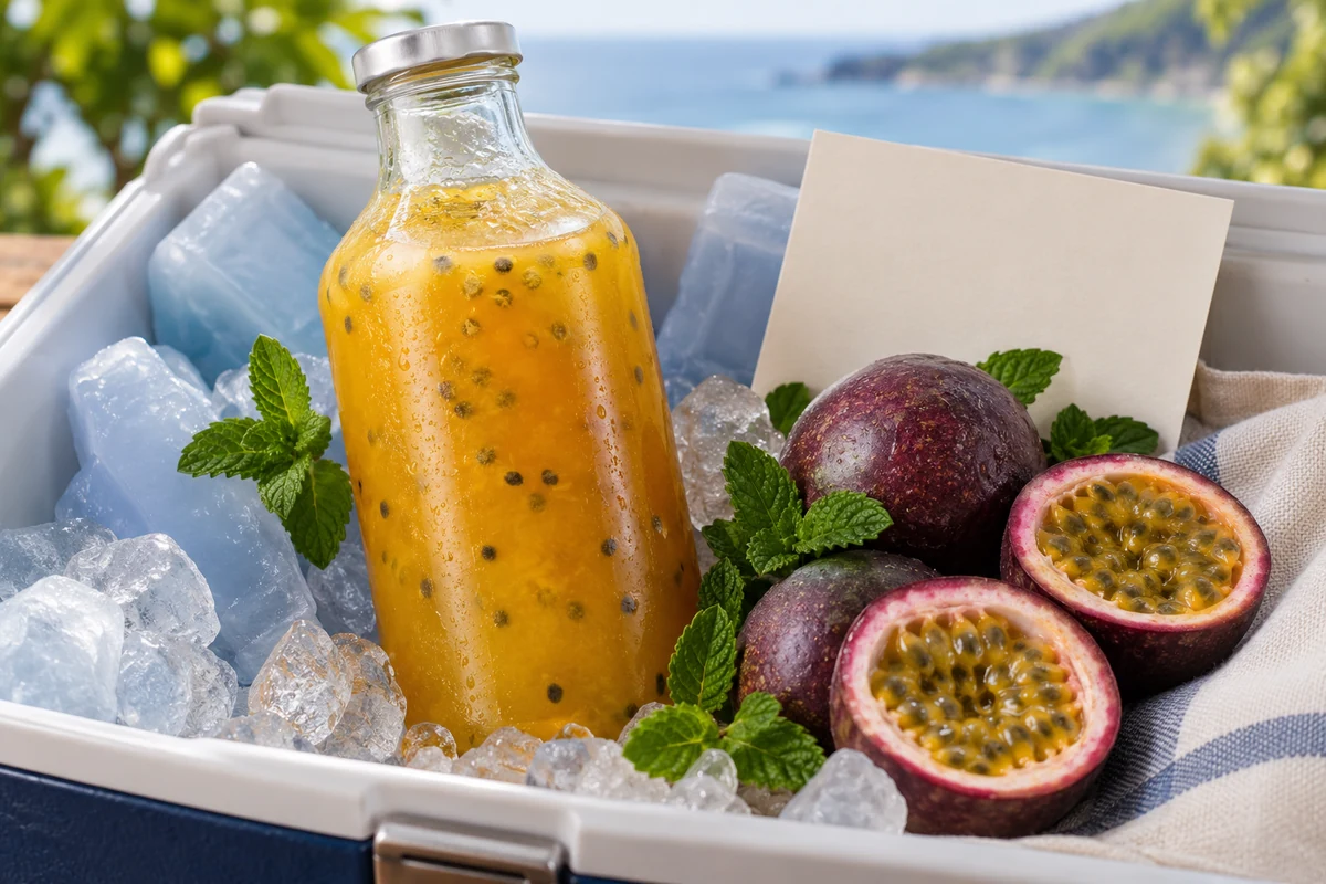 Fresh passion fruit cocktail base kept in a chilled container Fresh passion fruit cocktail base kept in a chilled container