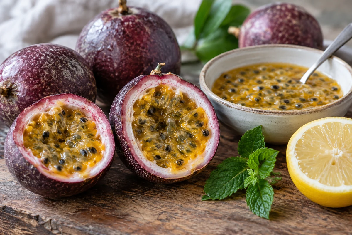 Fresh passion fruit halves and golden pulp