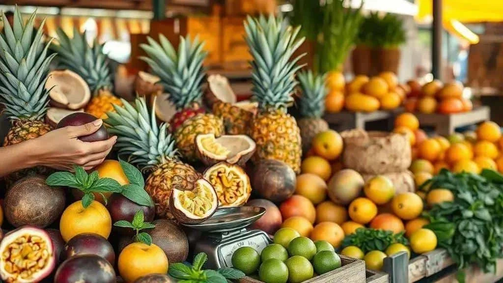 Fresh pineapples, passion fruit and limes at a fruit market