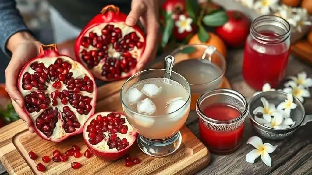 Fresh pomegranate halves and juice for a cocktail
