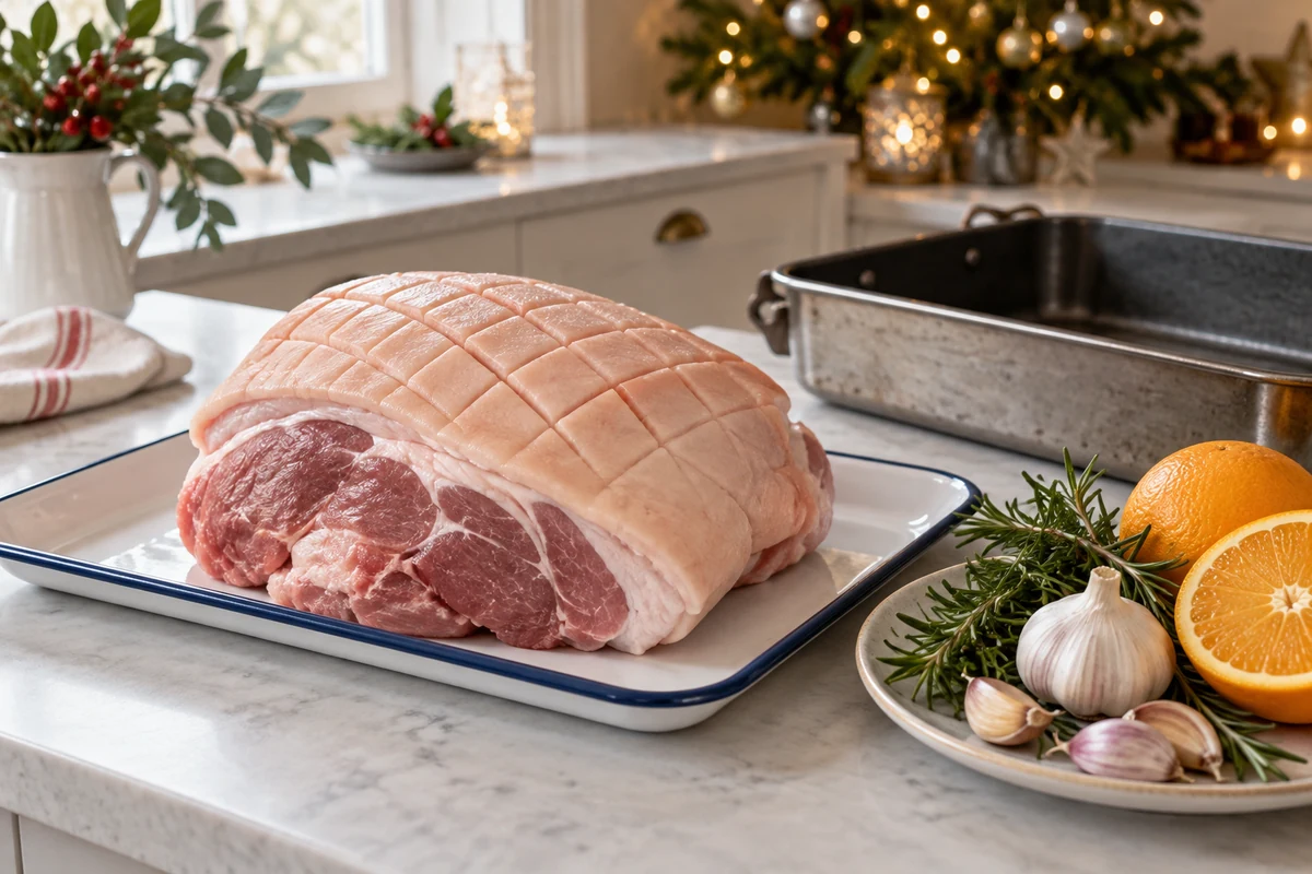 Fresh pork roasting joint and preparation ingredients