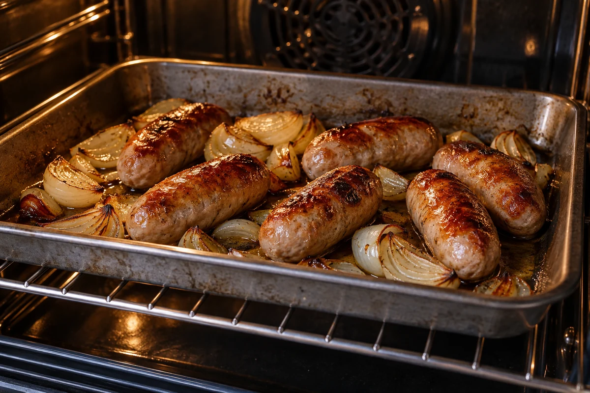 Fresh pork sausages roasting with onions in the oven Fresh pork sausages roasting with onions in the oven