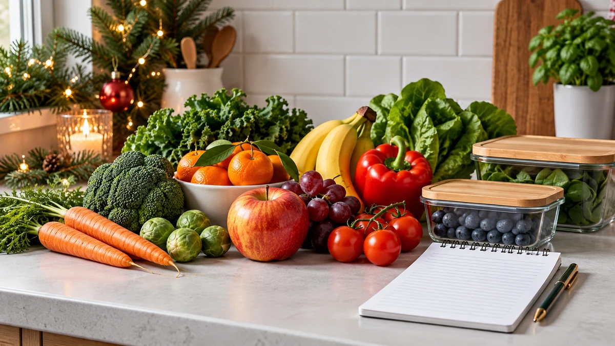 Fresh produce beside plain food containers and a shopping note