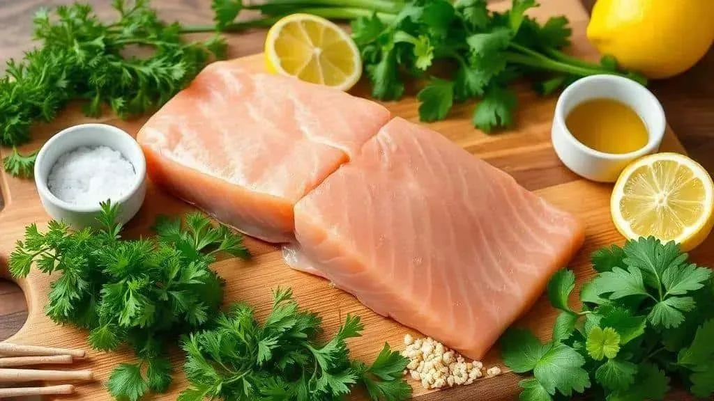 Fresh salmon fillets with herbs and lemon wedges