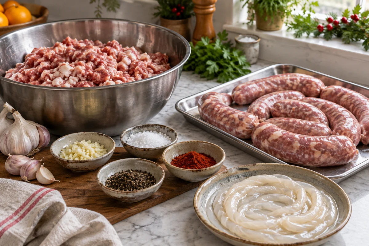 Fresh sausage mixture and filled links with garlic and paprika Fresh sausage mixture and filled links with garlic and paprika