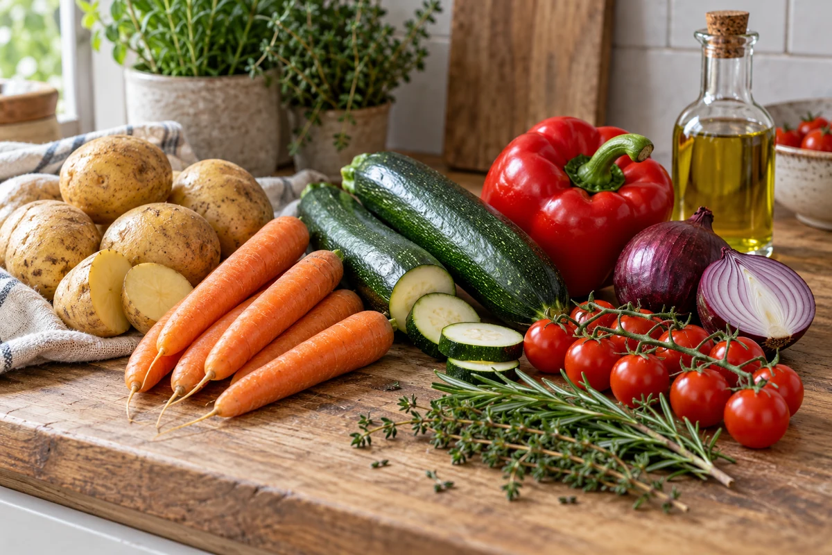 Fresh vegetables, herbs and olive oil for roasting