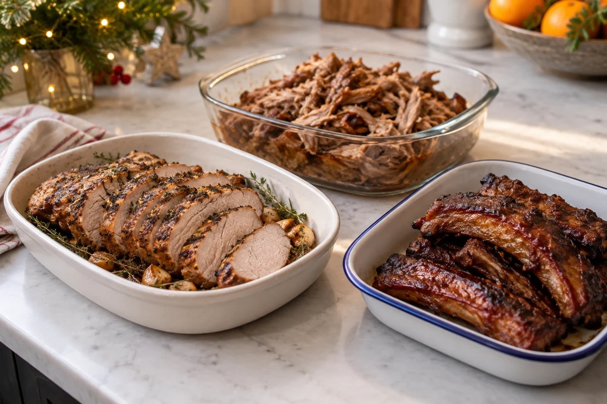 Freshly cooked pork portions cooling in three shallow containers on a clean worktop