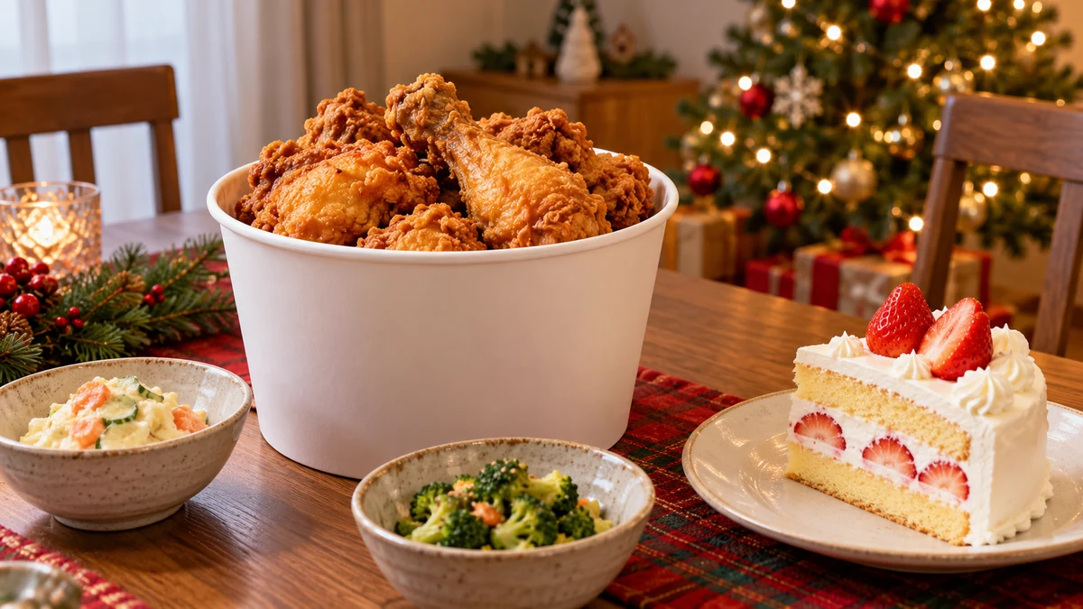 Fried chicken and strawberry cake at an illustrative Christmas meal
