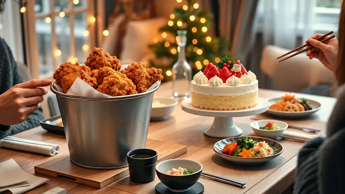 Fried chicken and strawberry sponge cake at a Japanese Christmas meal Fried chicken and strawberry sponge cake at a Japanese Christmas meal