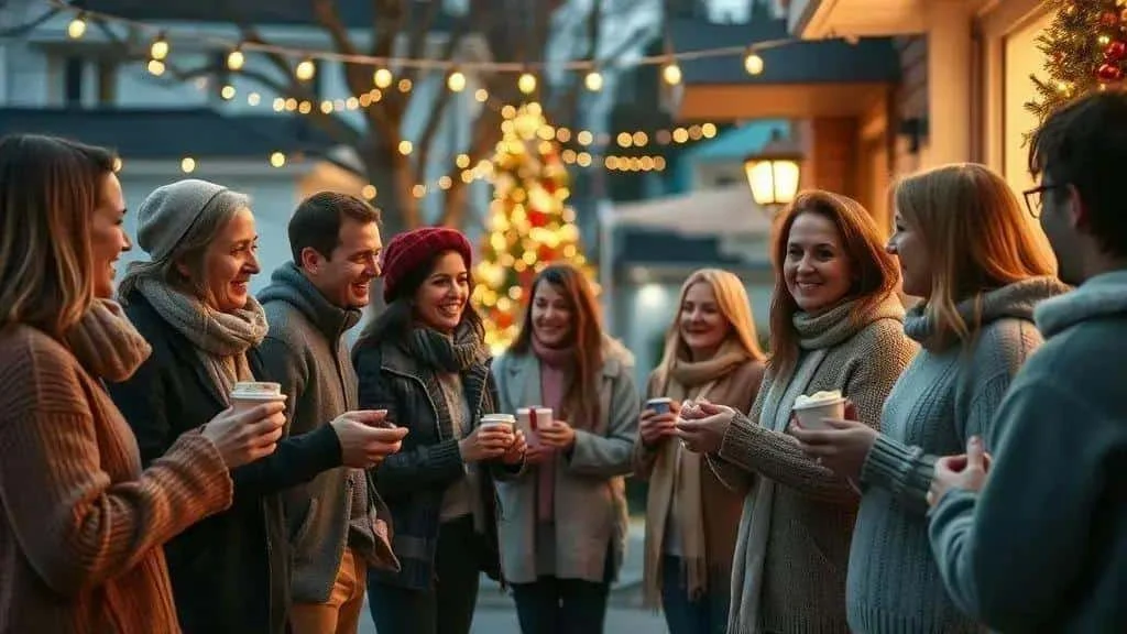 Friends and neighbours gathering beneath Christmas lights