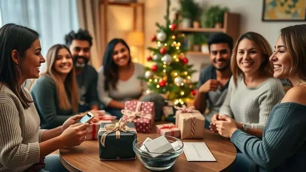 Friends arranging a Christmas Secret Santa exchange around a table