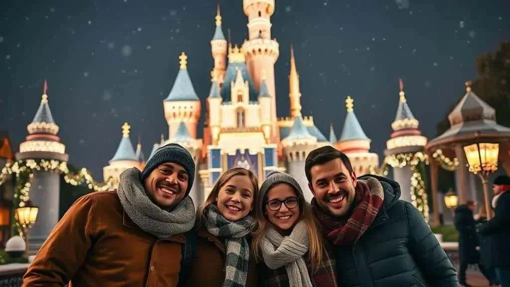 Friends beside an illustrated festive theme park castle