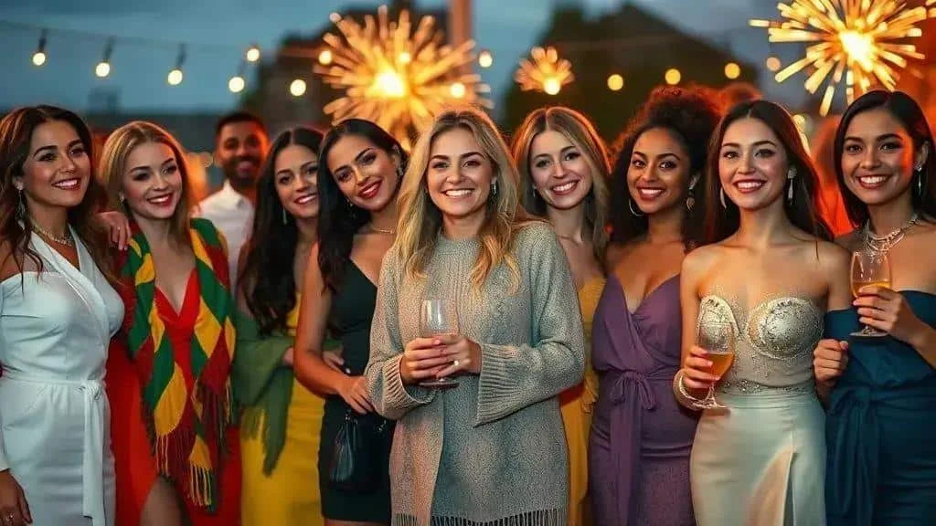 Friends celebrating New Year in varied colourful outfits