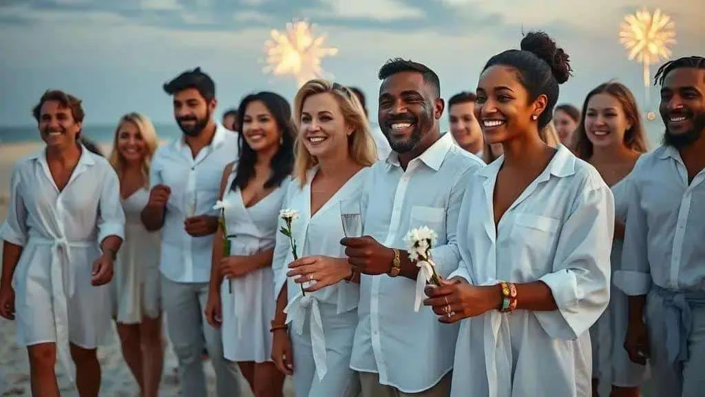 Friends celebrating New Year in white clothes