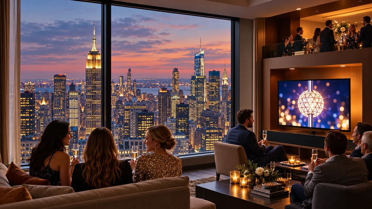 Friends celebrating New Year indoors with a New York skyline view Friends celebrating New Year indoors with a New York skyline view