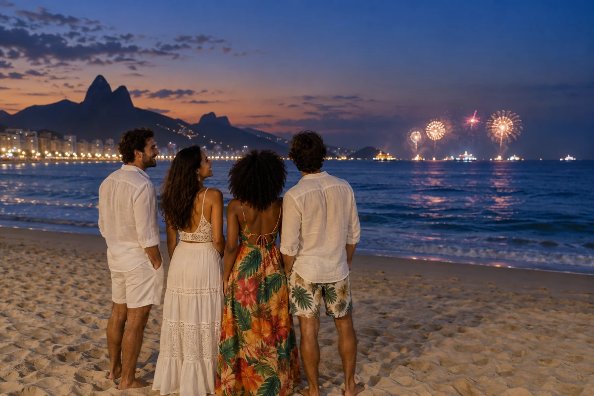 Friends celebrating New Year on a dry beach at dusk