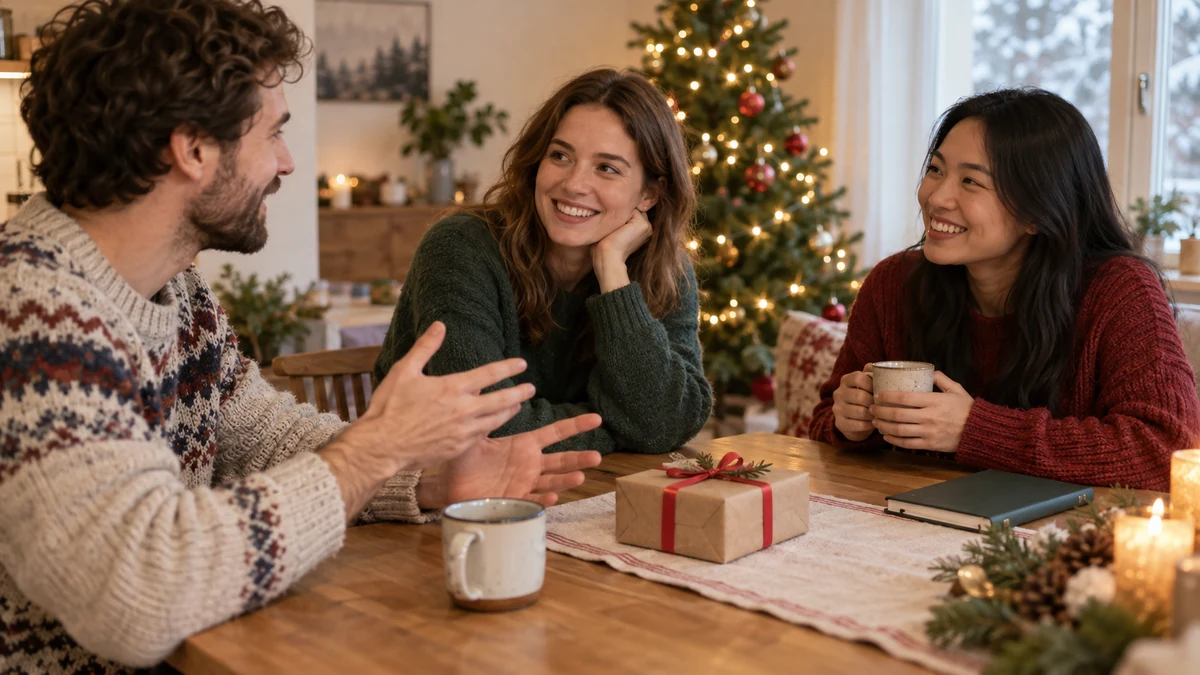 Friends discussing a Christmas gift exchange