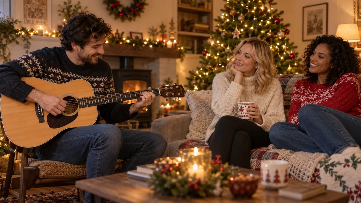 Friends enjoying acoustic guitar music at Christmas