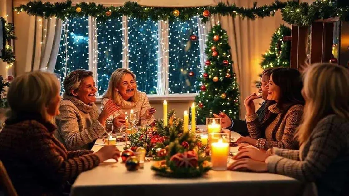 Friends enjoying conversation at a festive meal