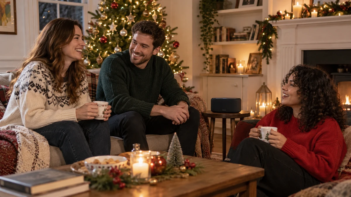 Friends enjoying music in a Christmas sitting room