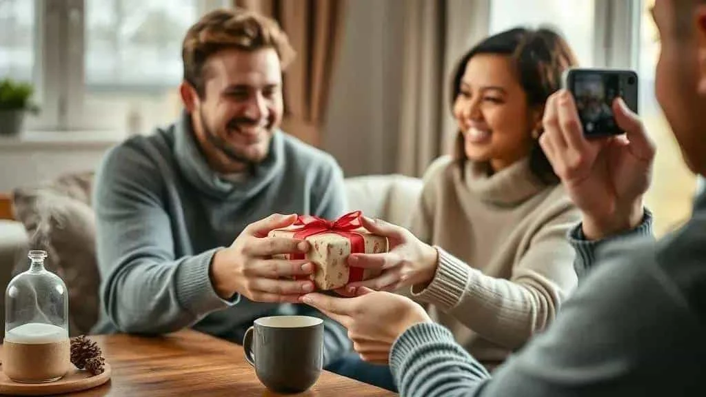 Friends exchanging a Christmas gift and recording the moment Friends exchanging a Christmas gift and recording the moment