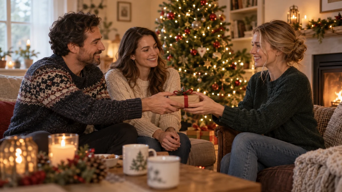 Friends exchanging a small Christmas present