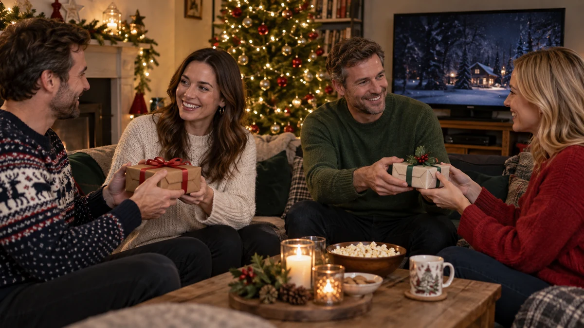 Friends exchanging gifts before a Christmas film Friends exchanging gifts before a Christmas film