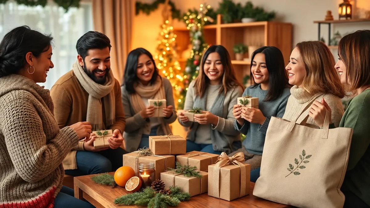 Friends exchanging simply wrapped Christmas gifts Friends exchanging simply wrapped Christmas gifts