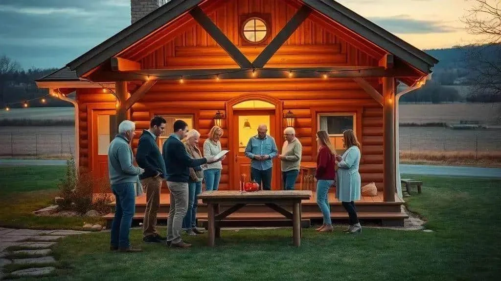 Friends gathering outside a country holiday house