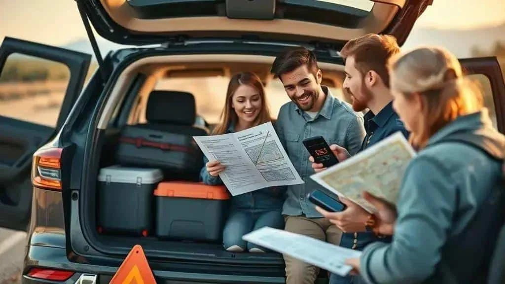 Friends planning a holiday route beside a parked car