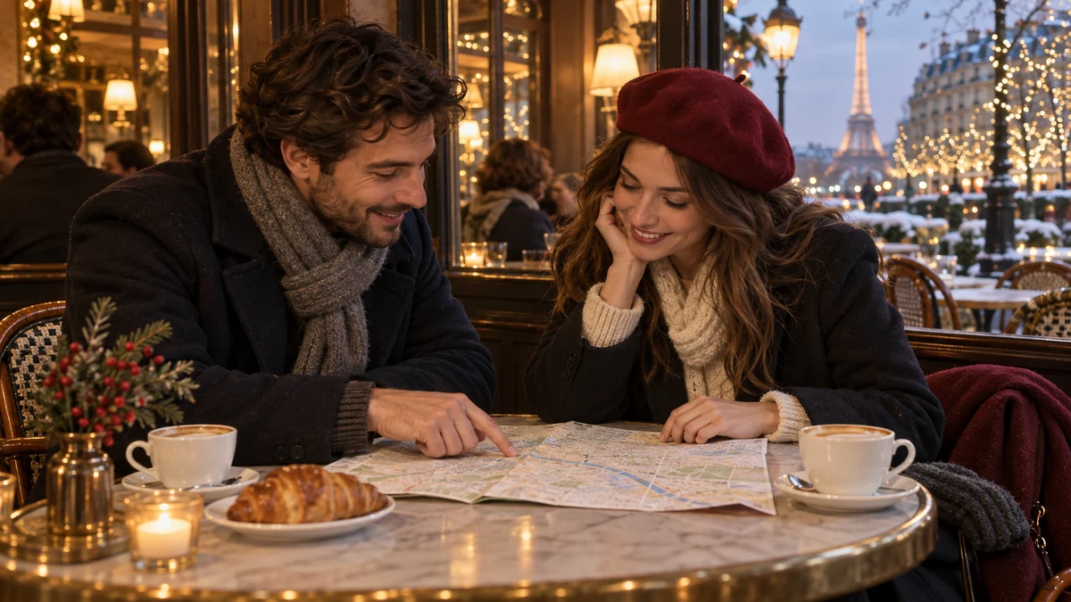 Friends planning an outing in a Paris-style cafe