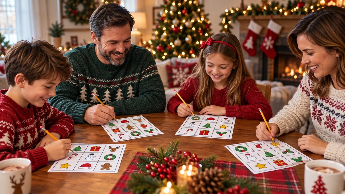 Friends playing a homemade Christmas picture game