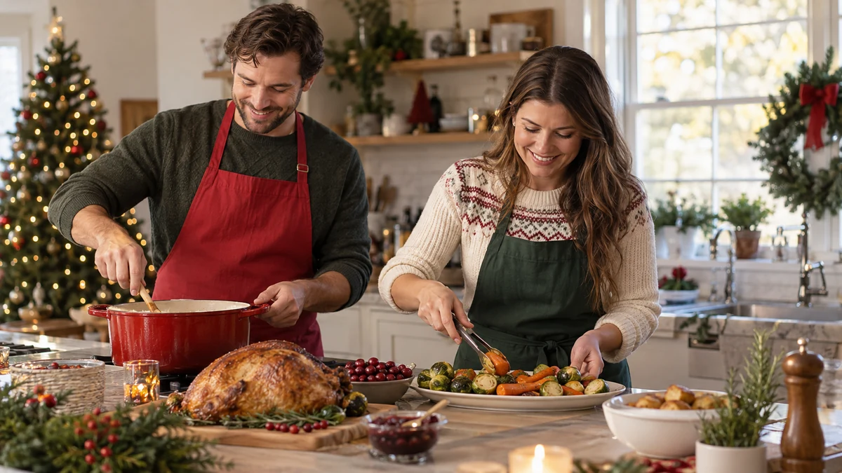 Friends preparing Christmas dinner together Friends preparing Christmas dinner together
