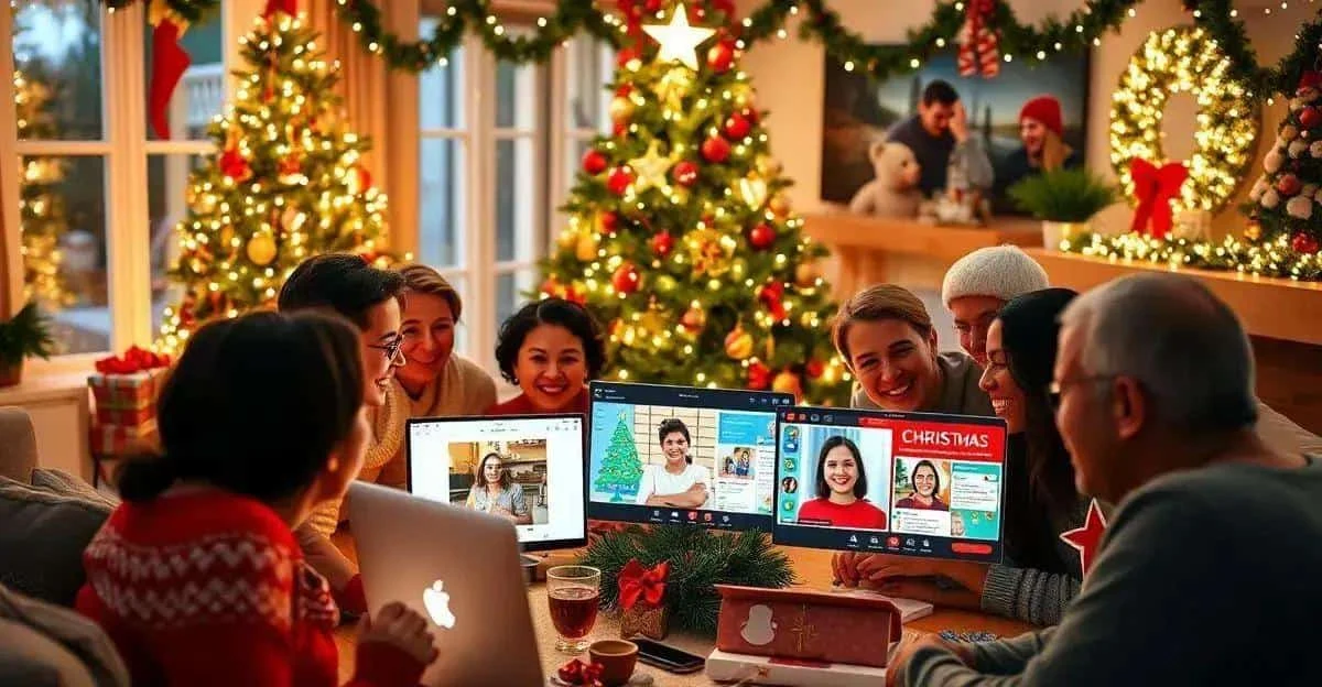 Friends sharing a Christmas video call around a table
