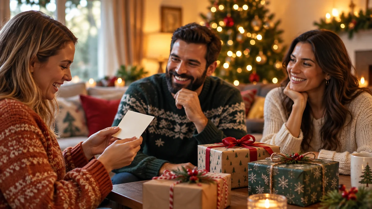 Friends sharing a clue during a Secret Santa gift reveal