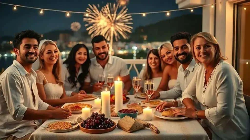 Friends sharing a festive table with fireworks beyond