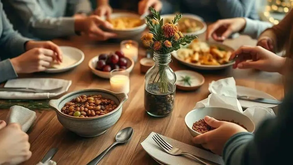Friends sharing a meal at a festive table