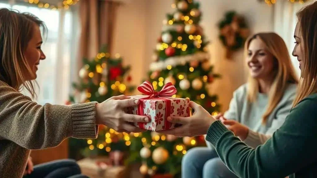 Friends sharing a wrapped Christmas present