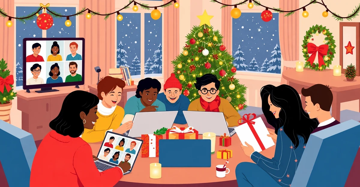 Friends using laptops during a Christmas gathering