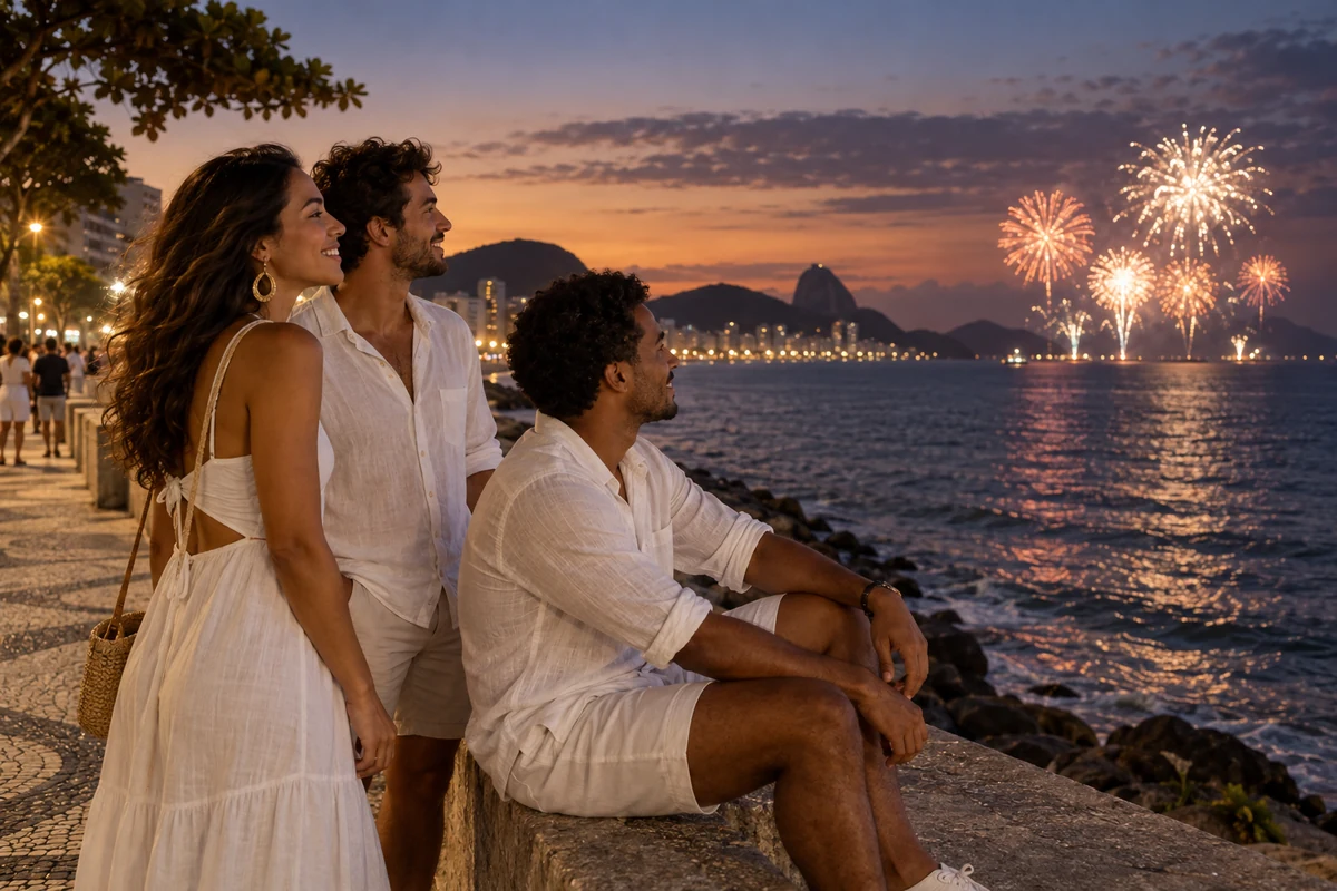 Friends watching fireworks from a seaside promenade