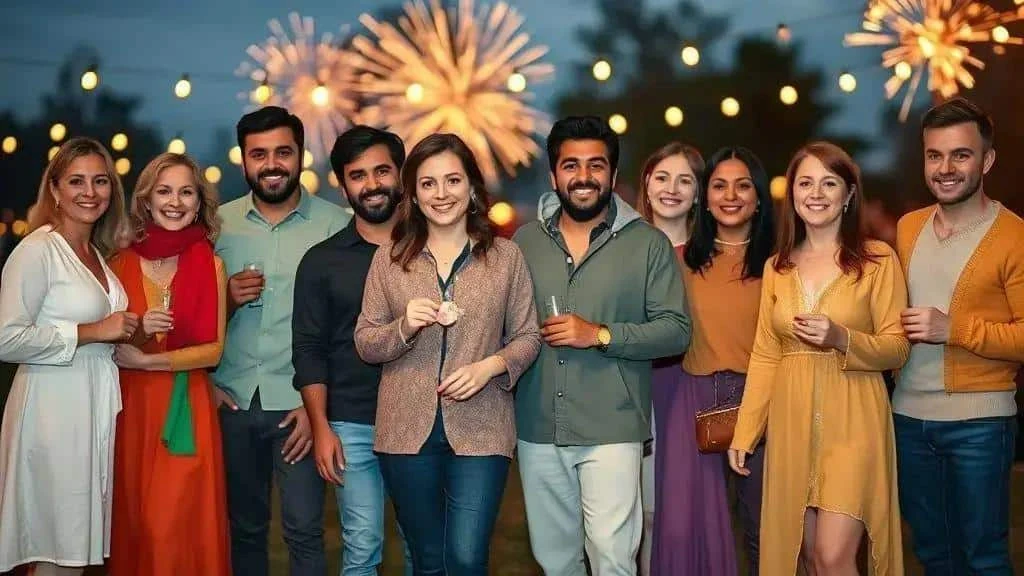 Friends wearing different colours at a New Year celebration Friends wearing different colours at a New Year celebration