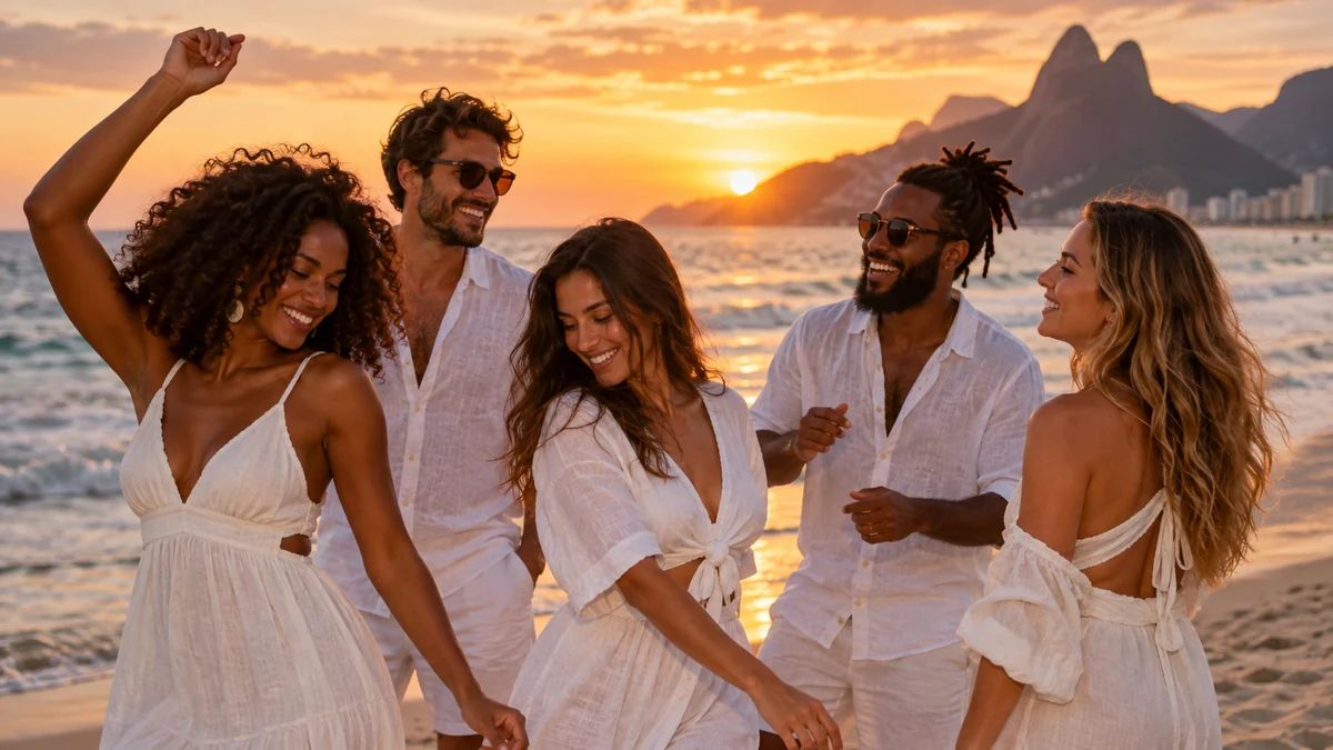 Friends wearing white at a Brazilian-style beach celebration